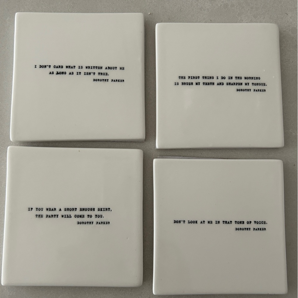 Restoration Hardware Set of 4 Literary Quote Porcelain Coasters, Dorothy Parker